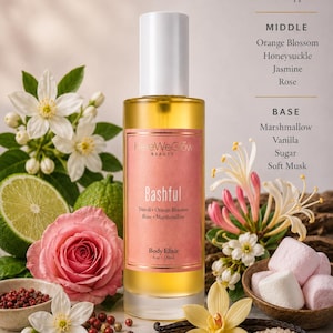 Bashful perfume body oil with floral gourmand fragrance notes including orange blossom, honeysuckle, vanilla, marshmallow, sugar, and soft musk, designer inspired luxury body elixir for women.