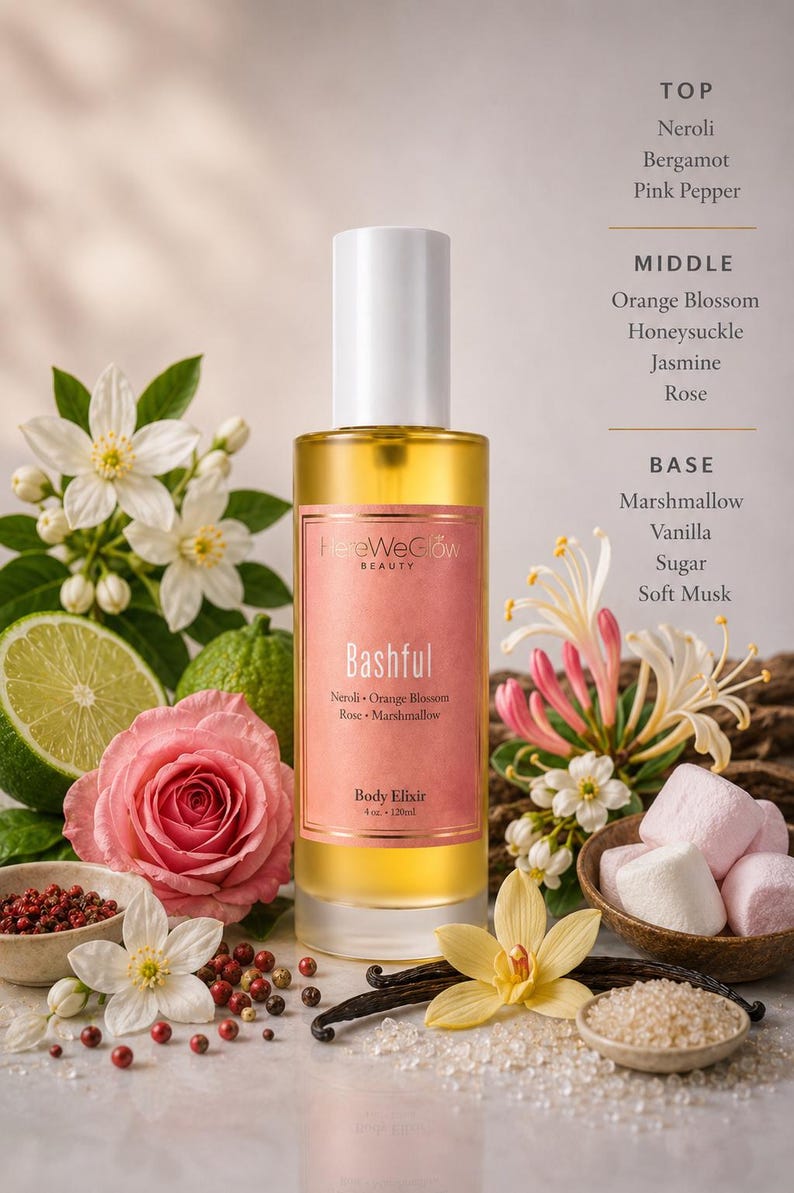 Bashful perfume body oil with floral gourmand fragrance notes including orange blossom, honeysuckle, vanilla, marshmallow, sugar, and soft musk, designer inspired luxury body elixir for women.