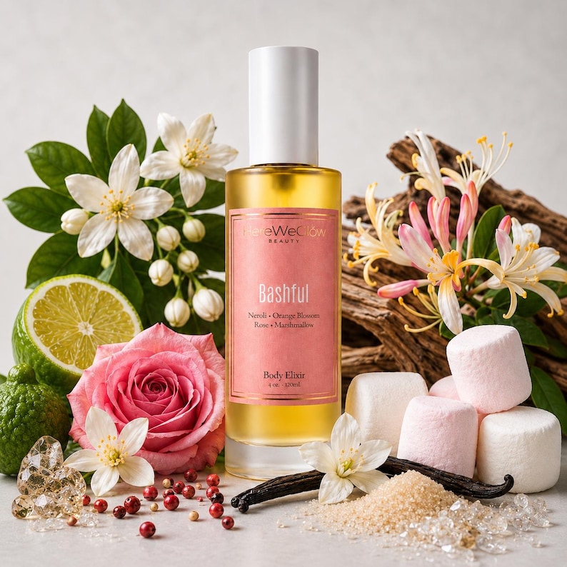 Luxury perfume body oil inspired by soft floral gourmand fragrances with orange blossom, rose, marshmallow, and vanilla notes, hydrating glow body oil for radiant skin, lightweight non greasy body elixir by HereWeGlow Beauty.