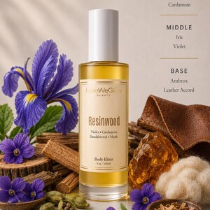Luxury sandalwood body oil, featuring woody musk fragrance notes of sandalwood, cedarwood, cardamom, iris, violet, ambrox, and leather accord. Hydrating unisex perfume body oil by HereWeGlow Beauty.