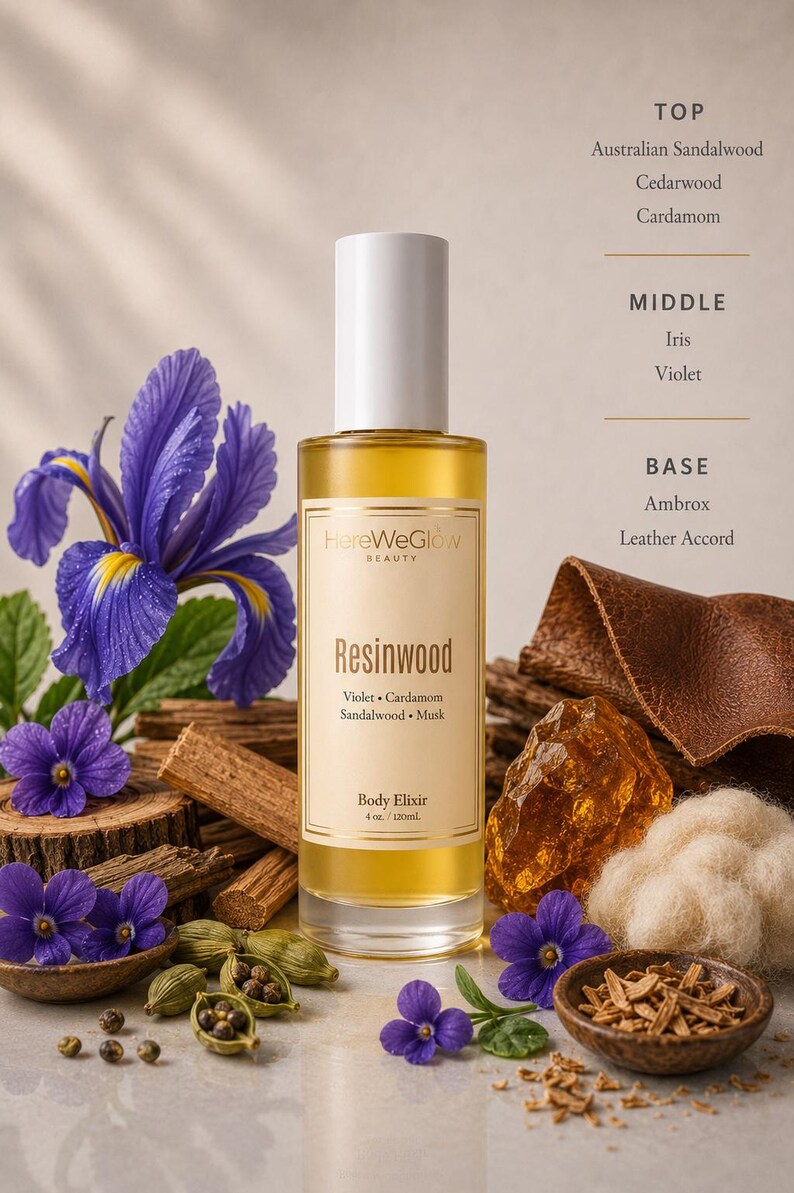 Luxury sandalwood body oil, featuring woody musk fragrance notes of sandalwood, cedarwood, cardamom, iris, violet, ambrox, and leather accord. Hydrating unisex perfume body oil by HereWeGlow Beauty.