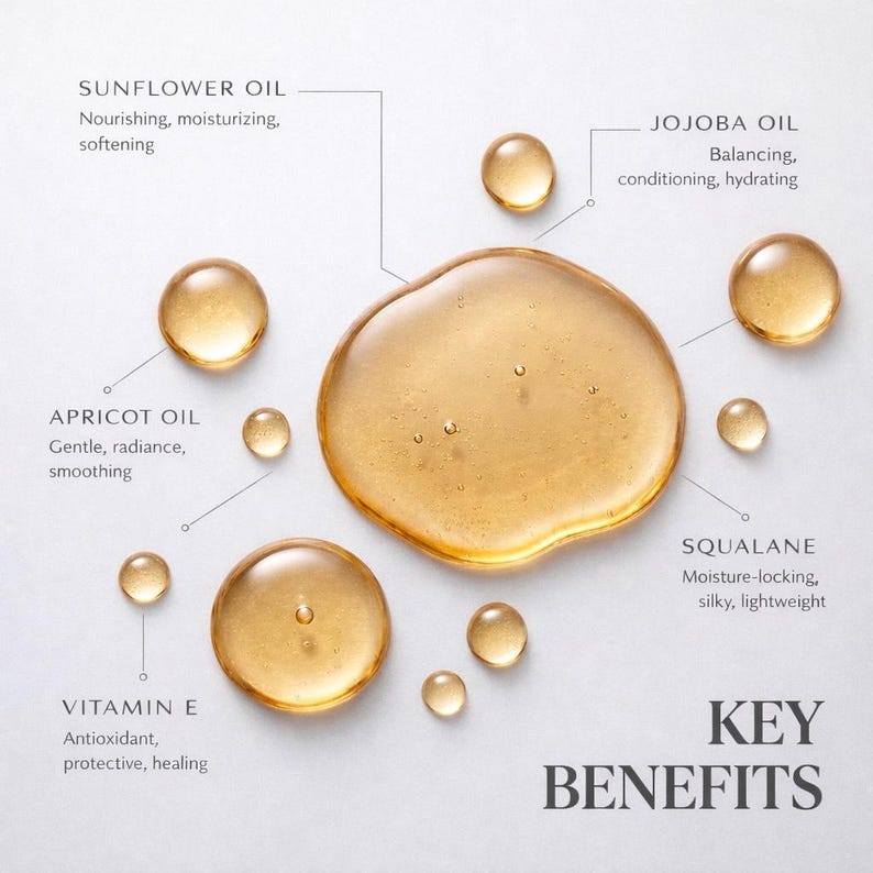 Hydrating body oil ingredient benefits featuring sunflower oil, jojoba oil, apricot kernel oil, squalane, and vitamin E, nourishing glow oil for soft radiant moisturized skin with lightweight non greasy finish.