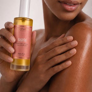 Model holding luxury body oil skincare ritual with glowing hydrated skin, feminine perfume body oil for soft radiant moisturized skin, non greasy fast absorbing body elixir for daily glow routines.