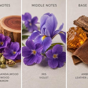 Masculine woody fragrance notes collage with violet, iris, ambrox, and soft leather accords, hydrating perfume/cologne glow oil for radiant smooth skin.