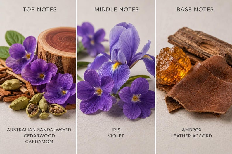 Masculine woody fragrance notes collage with violet, iris, ambrox, and soft leather accords, hydrating perfume/cologne glow oil for radiant smooth skin.