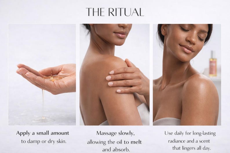 Luxury body oil application ritual featuring soft glowing skin and moisturizing perfume oil, hydrating body serum for dry skin, feminine self care skincare and fragrance layering routine.