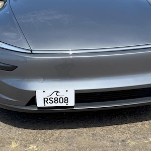 May include: A gray electric vehicle with a front license plate that reads "RS808". The car has sleek headlights and a smooth, aerodynamic design. The vehicle is parked on a paved surface.