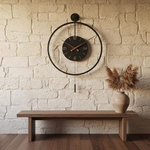 Oversized Modern Metal Pendulum Wall Clock, 3D Arabic Numerals, Walnut Hands