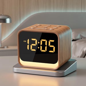 May include: A rectangular digital alarm clock with a light wood grain finish and a black front display panel. The screen shows the time 12:05 in bright yellow LED digits, with an AM indicator. Control buttons are located on the top surface.