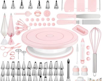 Kit per decorare torte da 158 pezzi con piatto girevole, set da 64 beccucci, spatole per glassa, raschietti e sac à poche, regalo completo per la pasticceria