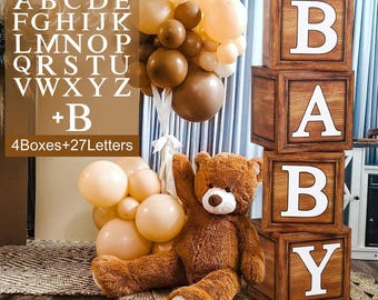 4 blocchi marroni effetto legno con scritta "Baby", decorazioni per feste di compleanno, baby shower, lettere stampate, articoli per baby shower a tema orsacchiotto.