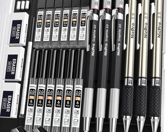 Set di 6 matite meccaniche artistiche, 3 matite da disegno in metallo da 0,5 mm, 0,7 mm, 0,9 mm e 3 portamine in grafite da 2 mm (2B, HB, 2H) per scrivere