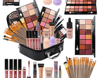 Kit trucco completo per riporre il trucco in una trousse 2x14, palette di ombretti, fondotinta liquido, matite eyeliner, stick per contouring e lucidalabbra. Regalo perfetto.