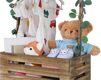 Armadio in legno per baby shower, cesto per neonati con manico, cesto regalo personalizzato per neonati, cesto portaoggetti, regalo di benvenuto per neonato maschio femmina