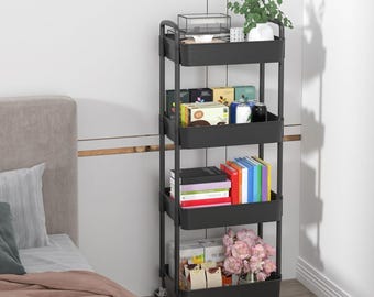 Carrello portaoggetti moderno con ruote – Organizer in metallo a 3 livelli con ruote, bicchieri sospesi e ganci per qualsiasi stanza