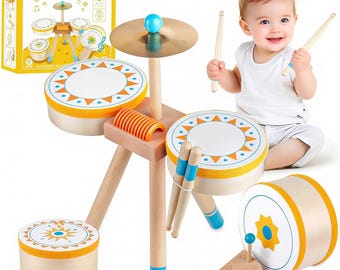 Batteria giocattolo per bambini di 3 anni, tamburo jazz in legno per bambini, strumento musicale Montessori per bambine, set di percussioni giocattolo musicale per neonati