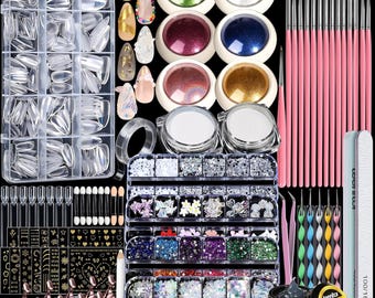 Kit per unghie in acrilico con polvere cromata, punte a mandorla, pennelli artistici, ciondoli, gel 3D, strumenti, supporto - Set per principianti, pennelli per nail art in regalo