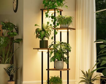 Supporto per piante a 5 livelli con lampada di crescita a spettro completo, ripiani in legno e metallo per piante da interno