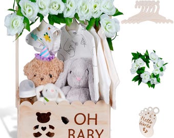 Armadio in legno per baby shower con maniglia, cesto portaoggetti per la cameretta dei bambini, grucce per vestiti, regalo per neonati
