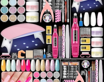 Kit per unghie acriliche per principianti con tutto il kit per unghie in acrilico con trapano e luce UV Decorazioni in polvere glitterata professionali Regalo