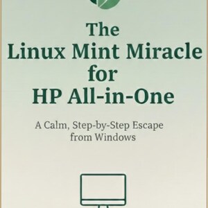 Peut inclure: Une couverture de livre avec un fond dégradé vert clair et deux feuilles vert foncé en haut. Le texte indique : The Linux Mint Miracle for HP All-in-One, A Calm, Step-by-Step Escape from Windows, et By The Linux Lady. Une icône d'ordinateur est centrée.