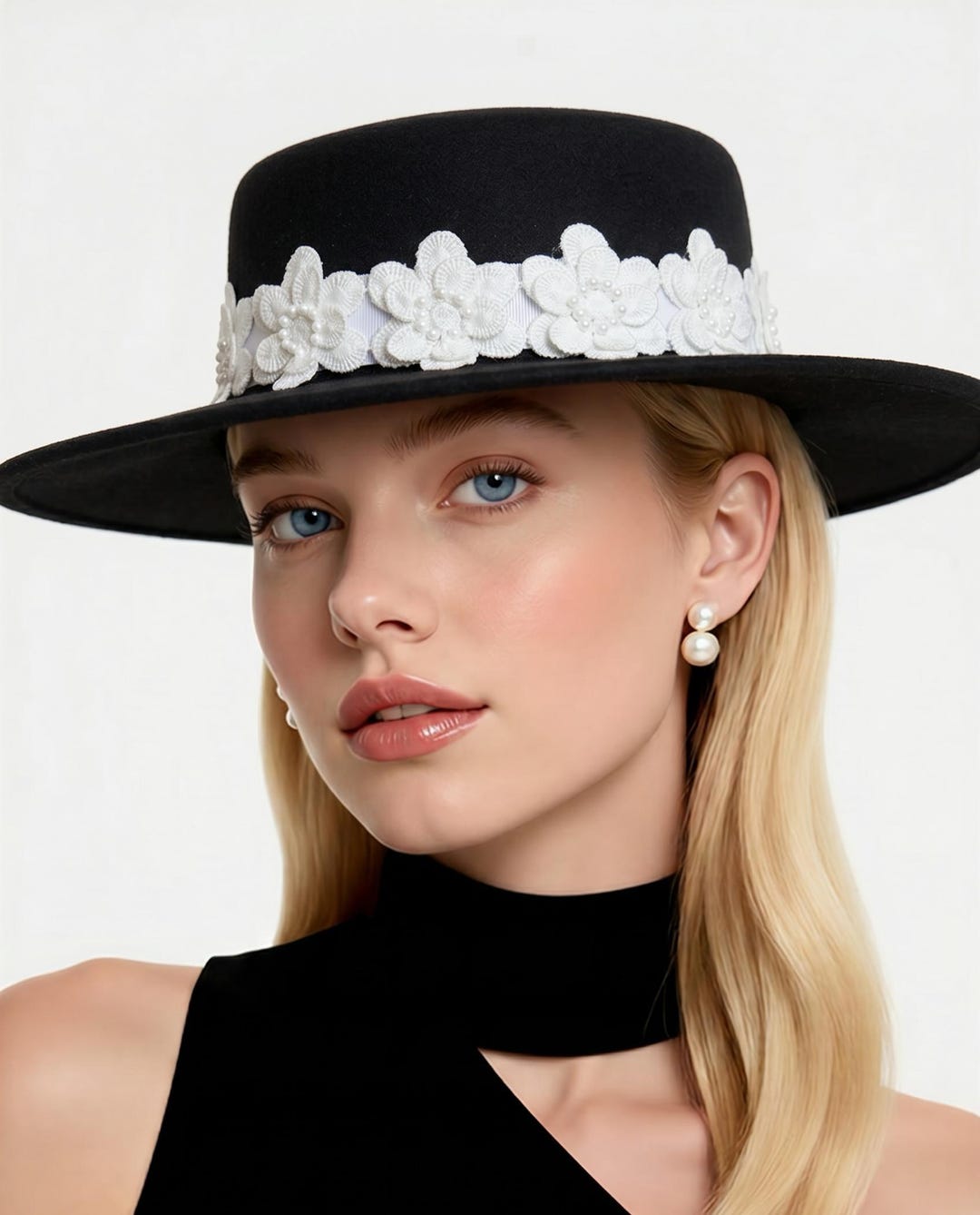 Black Boater Hat With White Floral Pearl Band | Elegant  display picture 2