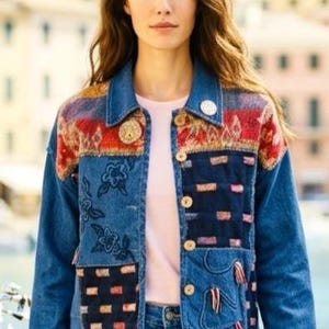 May include: A blue denim jacket with colorful patchwork details. The jacket features floral embroidery, decorative buttons, and patches with red, orange, and blue patterns. A round pin is on the lapel. The jacket is worn over a pink shirt and blue jeans.