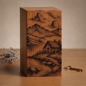 May include: A rectangular wooden box featuring a dark, laser-engraved landscape scene on its front face. The artwork depicts a small cabin situated by a lake, with mountains in the background, clouds, and a circular moon in the sky.