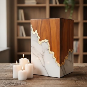 May include: A rectangular wooden urn featuring a white marble-patterned side with a jagged gold-coloured trim separating the wood and marble sections, accompanied by four small white pillar candles with lit flames on a wooden surface.