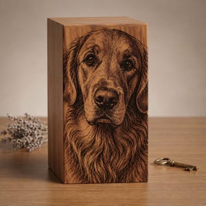 Puede incluir: Una urna rectangular de madera que presenta un retrato detallado y oscuro grabado con láser de un perro Golden Retriever en el panel frontal. La veta de la madera es visible y el grabado captura la textura del pelaje y los rasgos faciales.