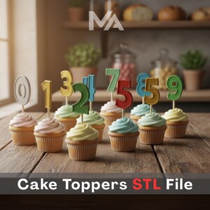 May include: A collection of cupcakes with colorful frosting and number-shaped cake toppers. The numbers are in various colors, including gold, green, and red. The text "Cake Toppers STL File" is at the bottom of the image.