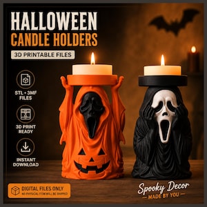 May include: Two Halloween candle holders featuring a ghost figure with a screaming mask. One holder is orange with a jack-o'-lantern base, and the other is black. Text includes HALLOWEEN CANDLE HOLDERS, 3D PRINTABLE FILES, STL 3MF FILES, 3D PRINT READY, INSTANT DOWNLOAD, DIGITAL FILES ONLY, and Spooky Decor MADE BY YOU.