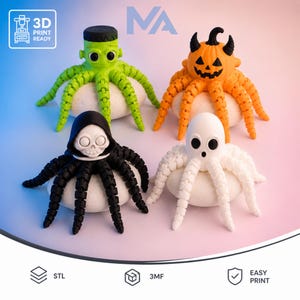 Può includere: Quattro statuette di polpo articolate a tema Halloween: un mostro di Frankenstein verde, una zucca arancione con le corna, un tristo mietitore nero con teschio e un fantasma bianco. Ogni figura ha otto tentacoli flessibili e segmentati.