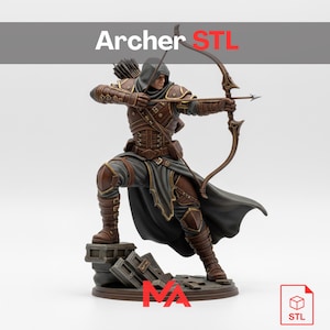 May include: A detailed figurine of an archer in a dynamic pose, drawing a bow. The archer wears brown and bronze armour with a hooded cloak. The base is a stone-like structure. Text on the image reads "Archer STL".