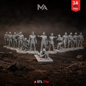 Peut inclure: Une collection de 14 figurines miniatures de soldats gris dans diverses poses militaires, incluant des officiers debout, des soldats avec des fusils et une figurine allongée avec une arme sur trépied. L'ensemble inclut une étiquette 14 STL Files.