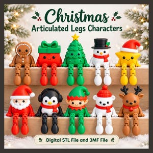 Puede incluir: Diez personajes navideños con piernas articuladas, incluyendo un hombre de jengibre, un regalo, un árbol, un muñeco de nieve, una estrella, Santa, un pingüino, un elfo, un oso polar y un reno. Texto: Christmas Articulated Legs Characters.