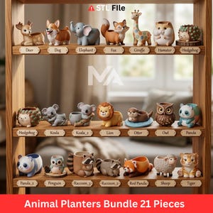 Può includere: Una mensola in legno espone 21 fioriere a forma di animali. Le fioriere includono un cervo, un cane, un elefante, una volpe, una giraffa, un criceto, un riccio, un koala, un leone, una lontra, un gufo, un panda, un pinguino, un procione, un panda rosso, una pecora e una tigre.