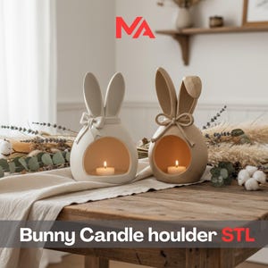 May include: Two bunny-shaped candle holders with lit candles inside, set on a wooden table. One is off-white with a bow, the other is tan with a rope detail. The text "Bunny Candle holder STL" is at the bottom.