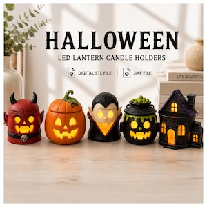Może przedstawiać: Pięć świeczników LED na Halloween, w tym czerwony diabeł, pomarańczowa dynia, wampir, czarny kociołek z zielonym szlamem i ciemny dom. Tekst głosi HALLOWEEN LED LANTERN CANDLE HOLDERS, DIGITAL STL FILE oraz 3MF FILE.