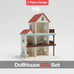 May include: A three-story dollhouse with a red roof, blue trim, and multiple windows. The dollhouse has a balcony and is labeled "DollHouse STL Set" and "3 Piece Design". The dollhouse has miniature furniture inside.