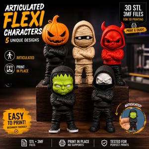 May include: Five articulated 3D printable character figures including a pumpkin-headed figure, a mummy, a red devil, a green monster, and a masked figure. The text reads ARTICULATED FLEXI CHARACTERS, 5 UNIQUE DESIGNS, 3D STL 3MF FILES, PRINT & ENJOY!
