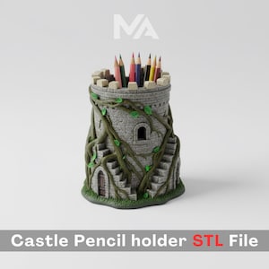 May include: A gray pencil holder shaped like a castle tower, with a stone-like texture and green vines. The pencil holder is filled with colorful pencils. The base has a grass-like texture. Text at the bottom reads "Castle Pencil holder STL File".