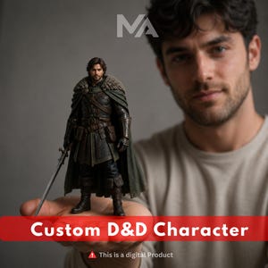 May include: A miniature figurine of a male warrior with dark hair, wearing dark armour, a green cloak with a fur collar, and fur-lined boots. The figure holds a long sword. Text on the image reads: Custom D&D Character. This is a digital Product.