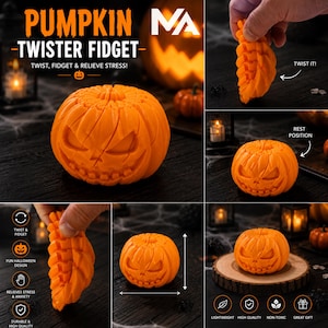 May include: An orange pumpkin-shaped fidget toy with a carved jack-o'-lantern face. The toy features a segmented, flexible design that allows it to be twisted and compressed. Text on the image includes PUMPKIN TWISTER FIDGET, TWIST, FIDGET & RELIEVE STRESS, TWIST IT, REST POSITION, LIGHTWEIGHT, HIGH QUALITY, NON-TOXIC, and GREAT GIFT.