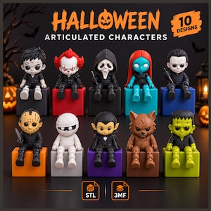 Può includere: Dieci personaggi articolati di Halloween esposti su blocchi colorati. Il set include figure che ricordano uno zombie, un clown, un fantasma, un personaggio dai capelli blu, uno slasher, un killer mascherato, una mummia, un vampiro, un lupo mannaro e un mostro verde.