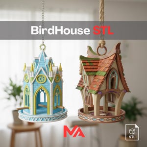 May include: Two decorative birdhouses, one light blue and the other with a brown roof, are suspended from chains and rope. The text "BirdHouse STL" is displayed across the top. The birdhouses have intricate architectural details and are designed for outdoor use.