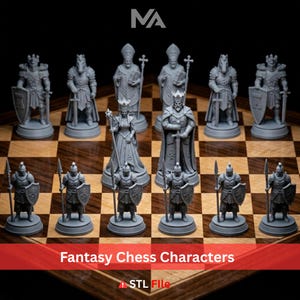 May include: A complete set of gray fantasy chess pieces on a wooden chessboard. The pieces include kings, queens, bishops, knights, rooks, and pawns. The text "Fantasy Chess Characters" is displayed at the bottom of the image.