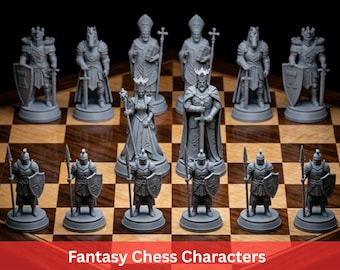 May include: A complete set of gray fantasy chess pieces on a wooden chessboard. The pieces include kings, queens, bishops, knights, rooks, and pawns. The text "Fantasy Chess Characters" is displayed at the bottom of the image.