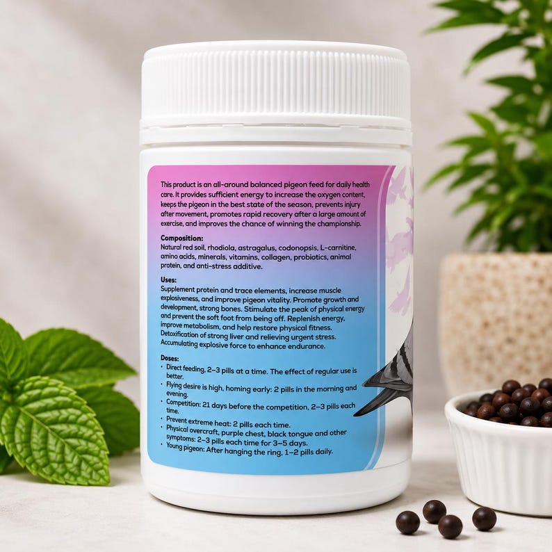May include: White plastic bottle of pigeon feed with a purple and pink label. The label includes text about the product's benefits and ingredients. The bottle is next to a small white bowl of dark brown pellets and green leaves.