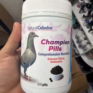 May include: A white plastic bottle of "Champion Pills" for pigeons, with a white lid. The label features a pigeon illustration and text: "Natural Celador, High Quality Products, Comprehensive Nutrition, Enhance Flying Endurance." The bottle contains 600 pills.